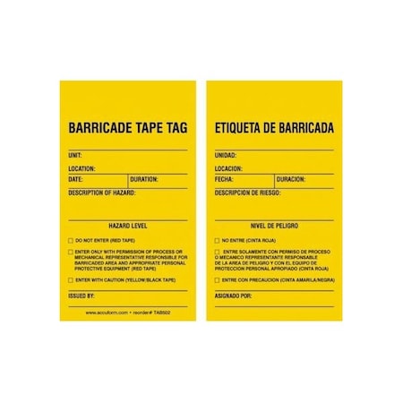 Accuform Safety Tags, BARRICADE TAPE TAG, 5.75in x 3.25in, RP-Plastic, 5PK TAB502PTM